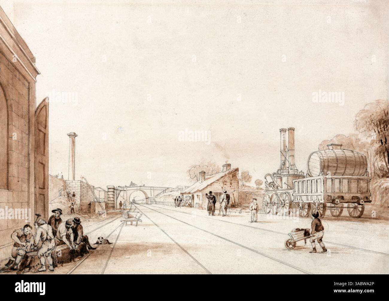 Lavage marron, dessin graphite à l'encre marron du chemin de fer de Liverpool et Manchester avec la locomotive Twin Sisters dans un bardage 1830 Angleterre par l'artiste Isaac Shaw 19ème siècle transport, impression d'œuvres d'art vintage Banque D'Images