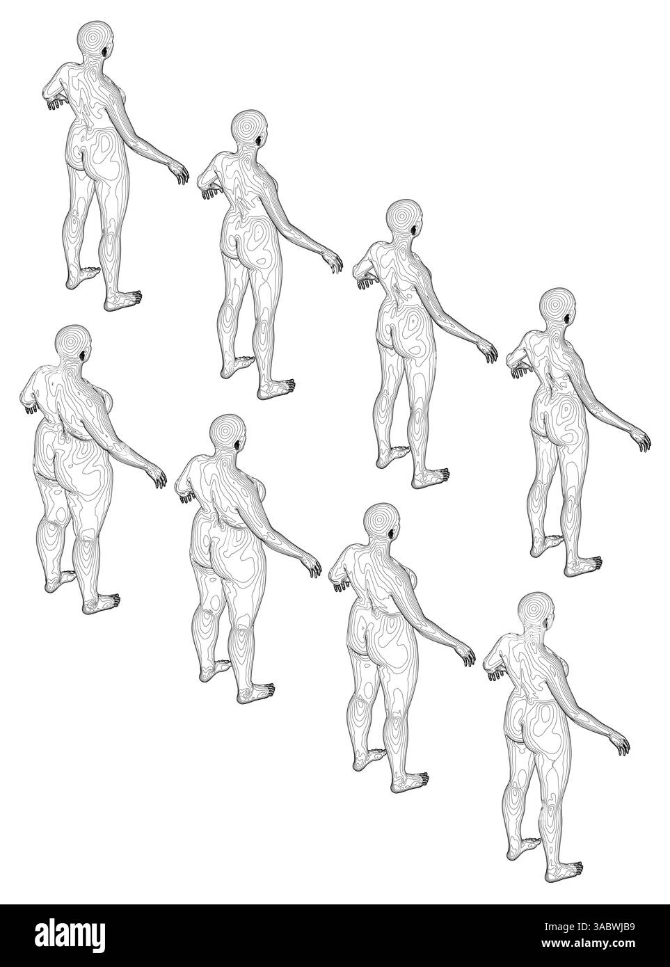 Une série de dessins en noir et blanc de femmes dans les mêmes poses. Les dessins sont tous de la même personne, mais dans des positions différentes. De mince à gras Illustration de Vecteur