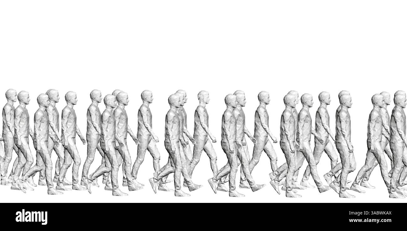 Un groupe de personnes marchant en ligne. Les gens sont tous habillés en noir et blanc. L'image a une sensation de mouvement et de mouvement, comme si les gens le sont Illustration de Vecteur