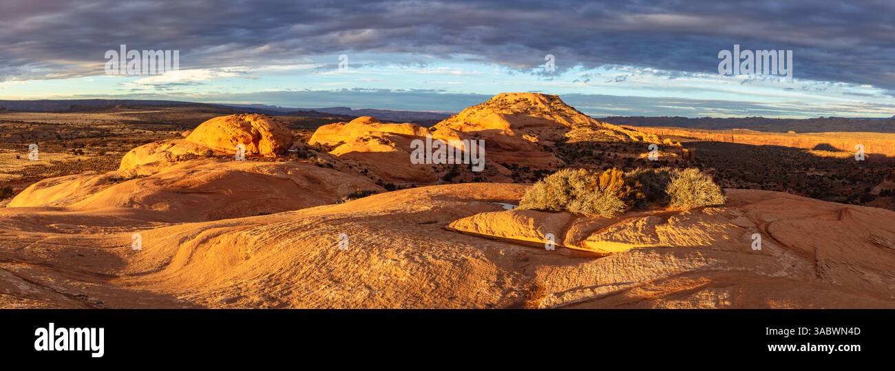 Ce magnifique panorama au coucher du soleil présente une lumière chaude illuminant les dunes de sable pétrifiées et le paysage désertique près de Moab, Utah. Banque D'Images