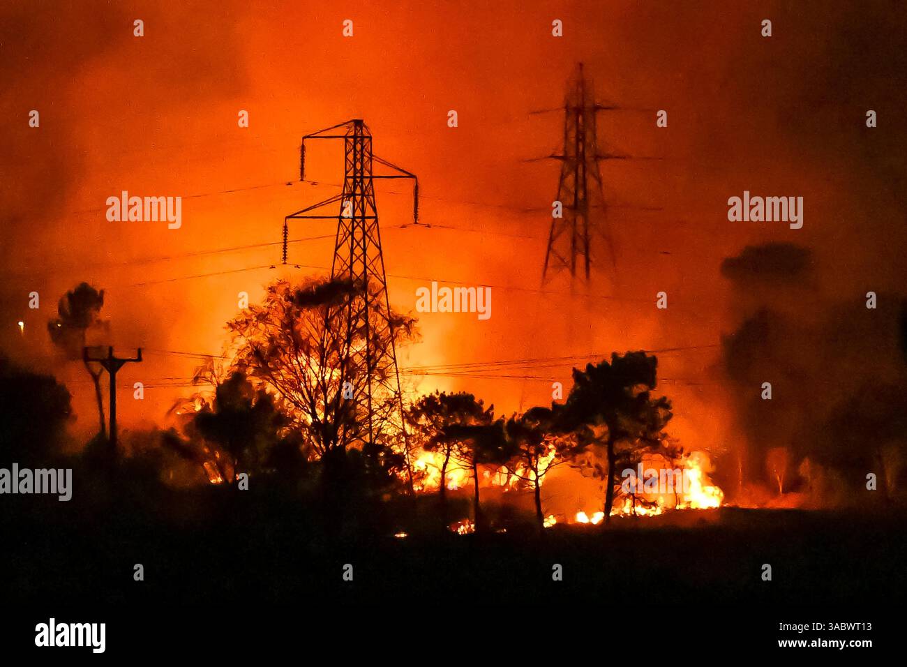 Poole, Dorset, Royaume-Uni. 3 avril 2025. Météo britannique. De la fumée et des flammes coulent dans leur air alors qu'un énorme feu de forêt illumine le ciel nocturne pendant qu'il brûle pendant la nuit à Upton Heath à Poole dans le Dorset. Plusieurs services d'urgence sont présents, les voies étant fermées sur la voie de contournement A35 Upton en raison de la proximité de l'incendie. Ce dernier incendie dans la région de Bournemouth et Poole survient après une période de sécheresse prolongée et des températures supérieures à la moyenne pour la période de l'année. Crédit photo : Graham Hunt/Alamy Live News Banque D'Images