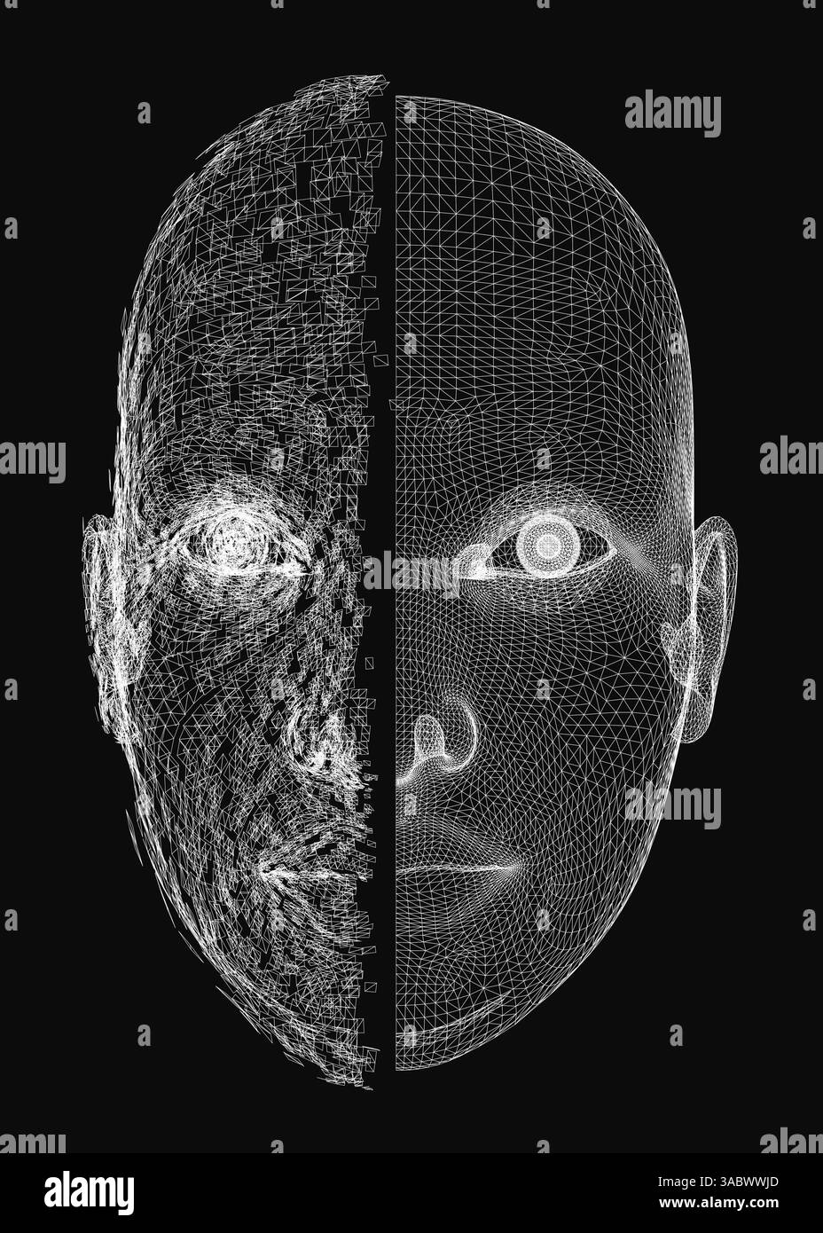 Gros plan d'un visage avec un fond noir. Le visage est divisé en deux, une moitié étant floue et l'autre moitié étant claire. La moitié floue de Illustration de Vecteur