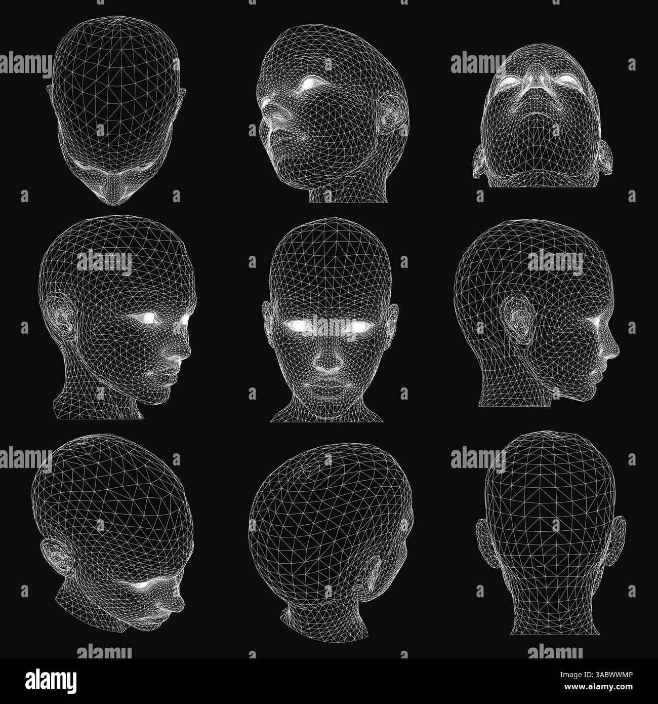 Une série d'images en noir et blanc de visages avec beaucoup de détails. Les visages sont tous de tailles et angles différents, mais ils ont tous un aspect similaire. Le Illustration de Vecteur
