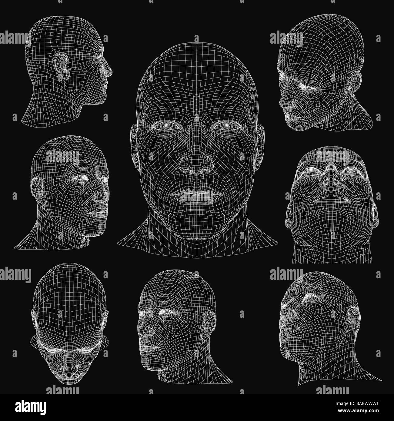 Une série de faces est affichée sur un fond noir. Les visages sont tous différents, mais ils ont tous un aspect similaire. Les visages sont tous très détaillés et Illustration de Vecteur