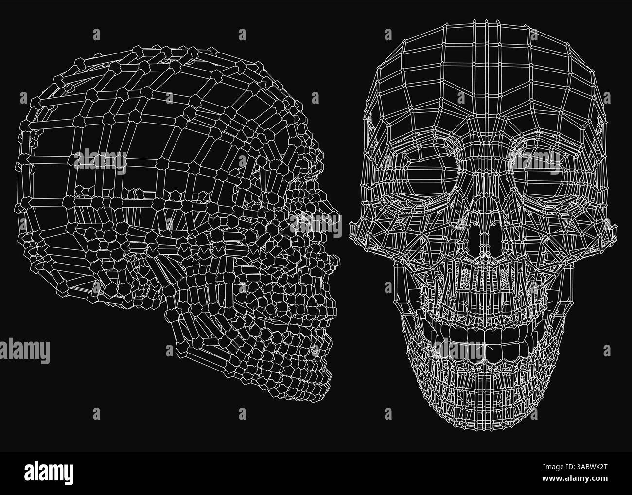 Deux crânes sont montrés côte à côte, l'un avec un sourire et l'autre avec un froncement de sourcils. Les crânes sont faits de fil et semblent être en noir et blanc. SCE Illustration de Vecteur