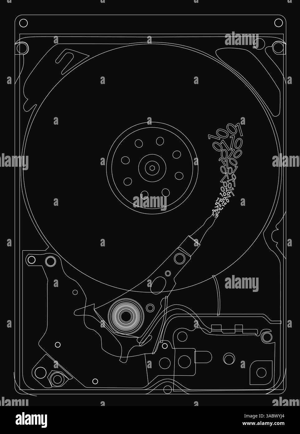 Gros plan d'un disque dur sur fond noir. L'image est en noir et blanc et le disque dur est affiché dans son intégralité Illustration de Vecteur