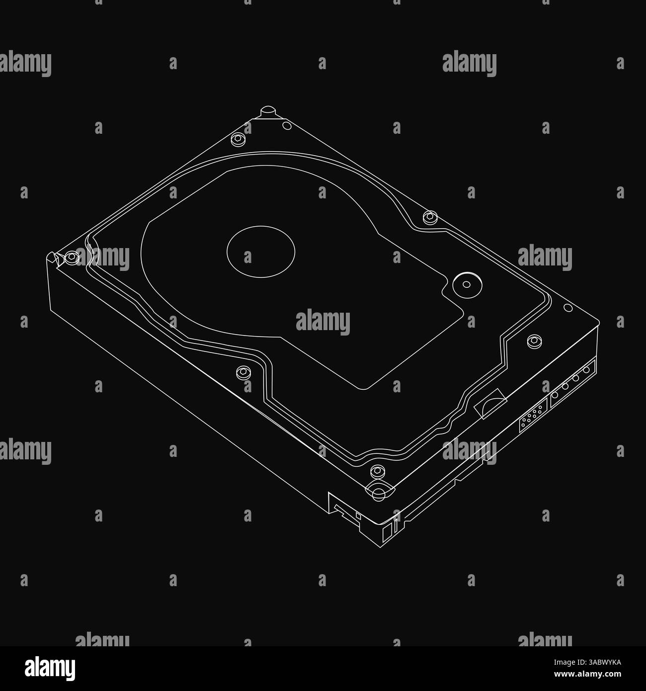 Gros plan d'un disque dur sur fond blanc. L'arrière-plan blanc est destiné à souligner la nature noire et blanche de l'image Illustration de Vecteur