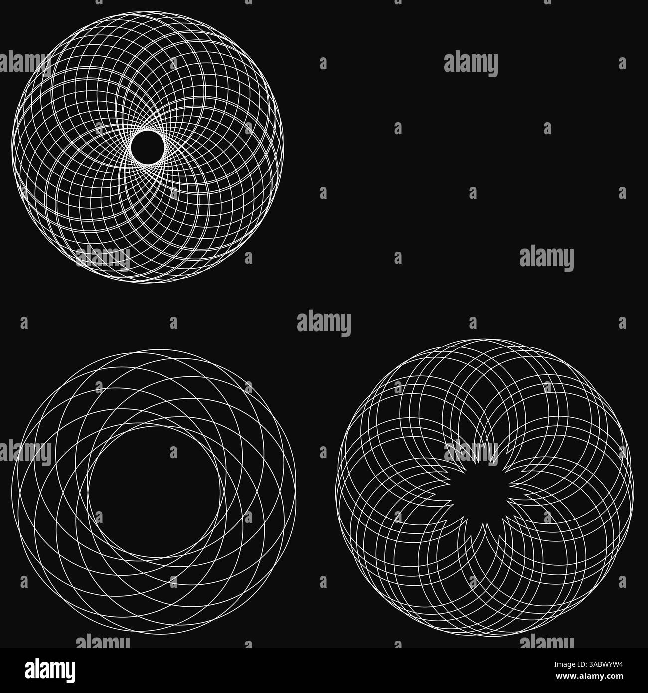 Trois dessins différents de cercles avec des tailles et des formes variables. Les cercles sont tous blancs et semblent abstraits. L'ambiance des images est calme Illustration de Vecteur