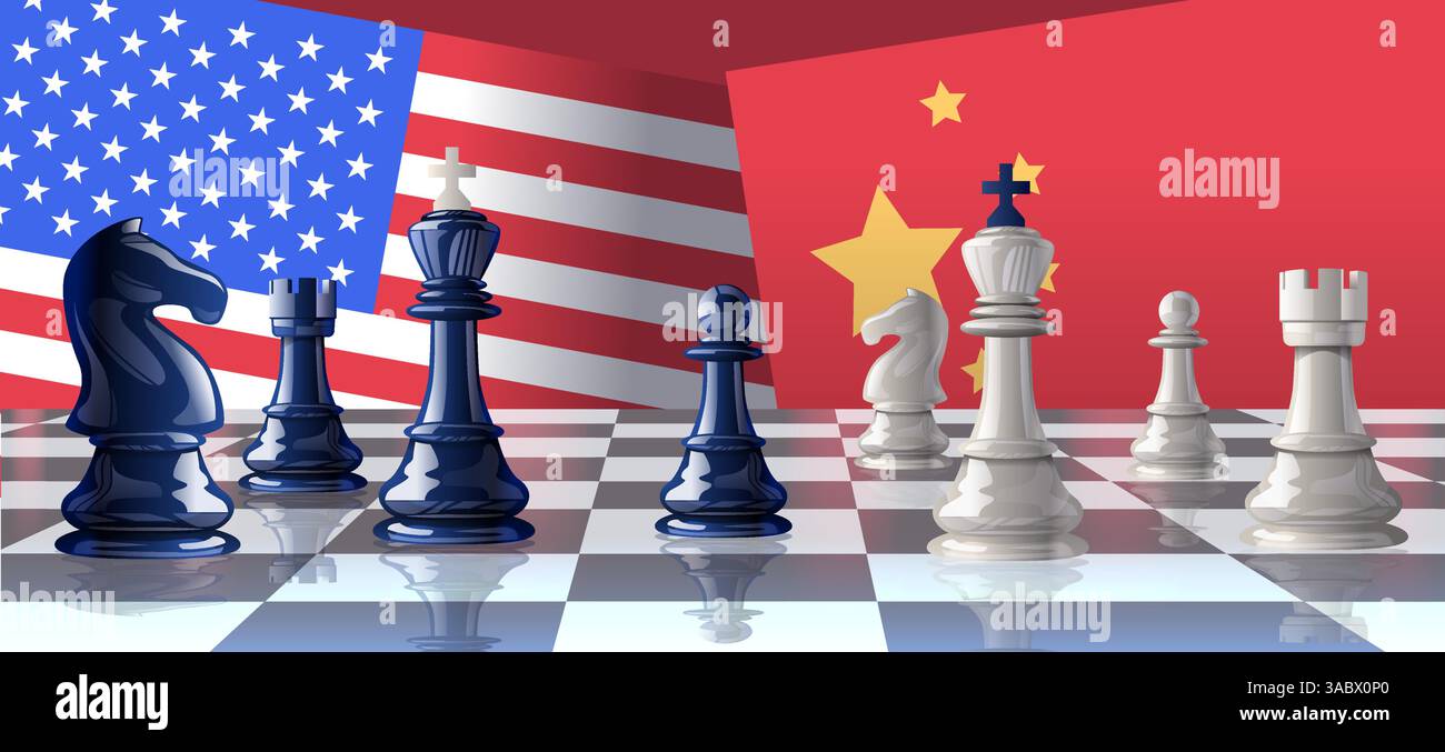Guerre commerciale concept d'échecs États-Unis Chine drapeaux stratégie échiquier concurrence relations internationales conflit politique bleu pièces blanches art numérique Illustration de Vecteur