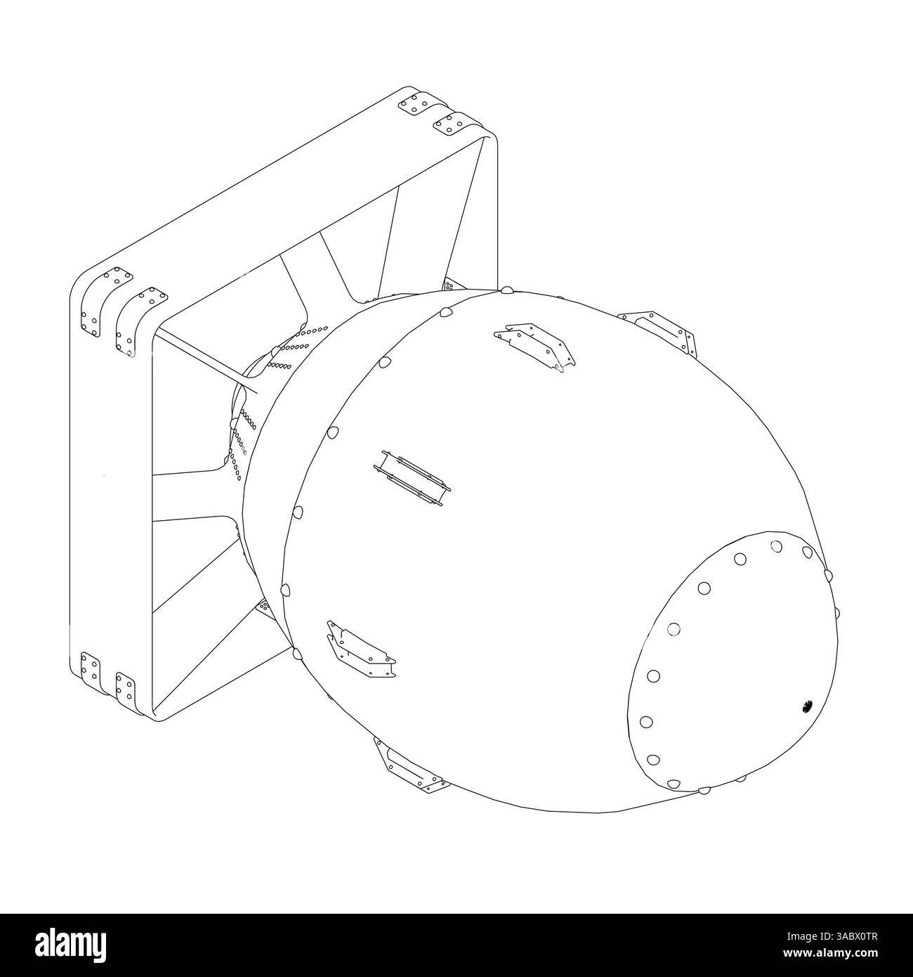 Une bombe est représentée dans un dessin en noir et blanc. La bombe est grande et a beaucoup de détails, y compris une poignée et un haut-parleur. Le dessin donne l'impre Illustration de Vecteur