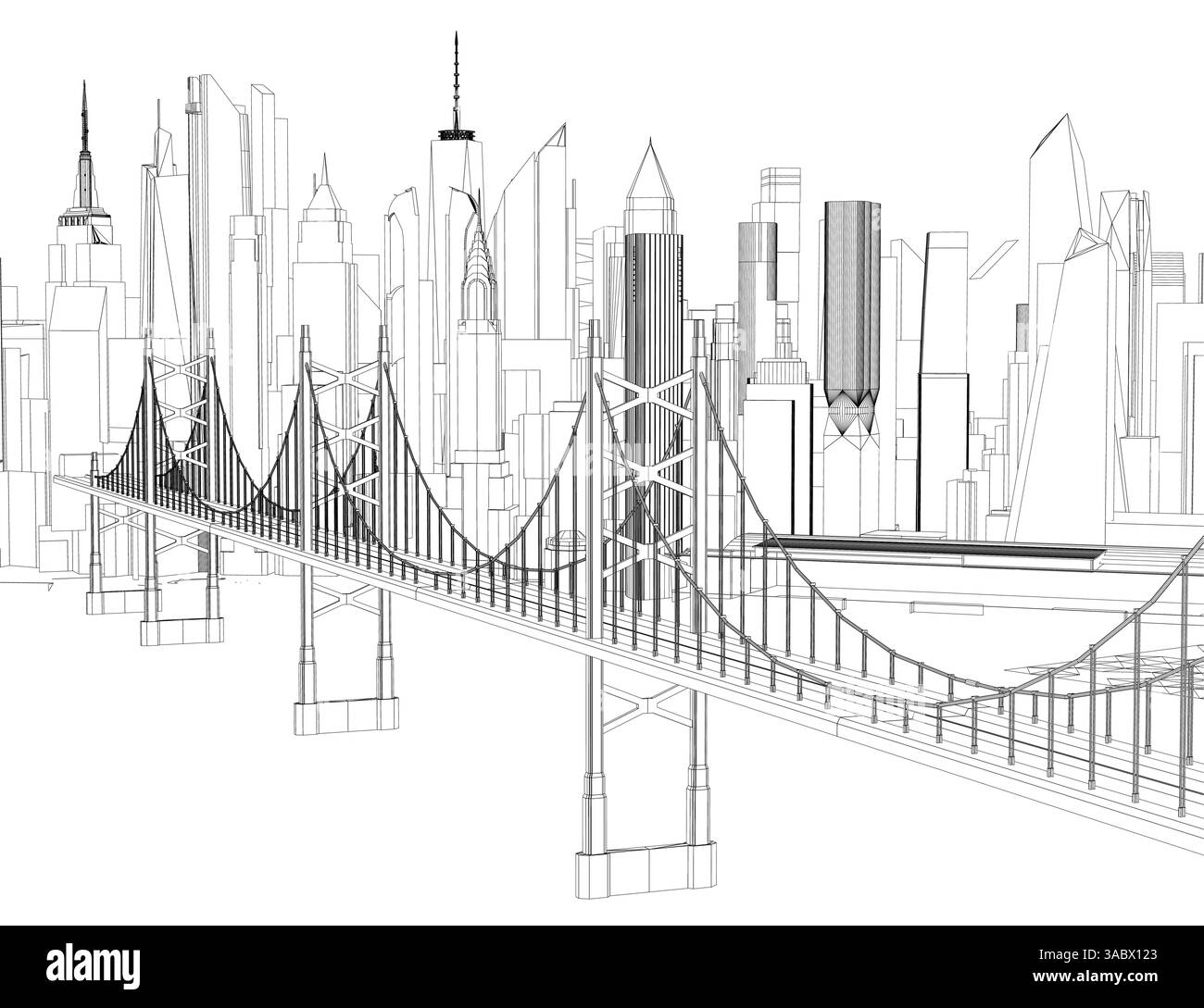 Une ligne d'horizon de la ville avec un pont au milieu. Le pont est un pont suspendu avec beaucoup de détails Illustration de Vecteur