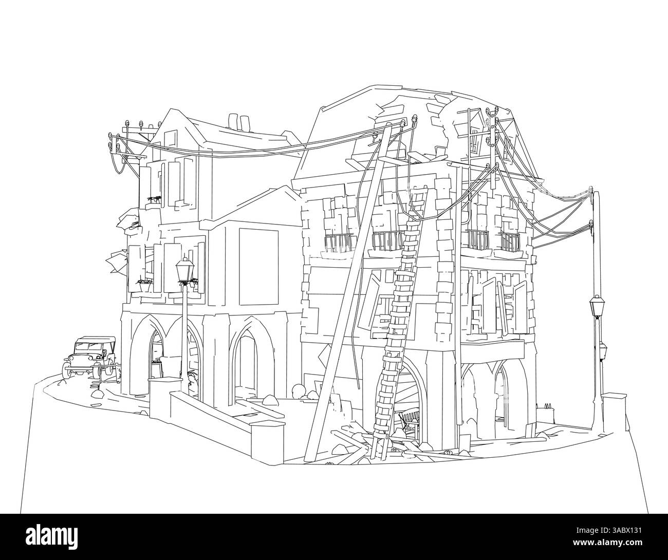 Un dessin d'une maison avec une voiture garée devant elle. La maison est vieille et a beaucoup de fenêtres Illustration de Vecteur