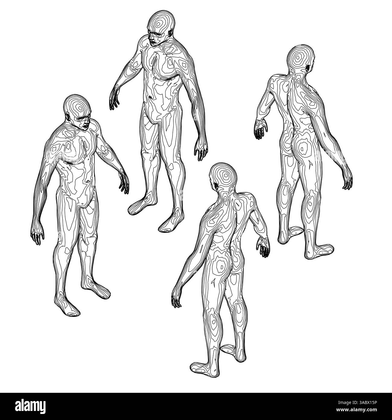 Quatre personnages se tiennent en ligne, chacun avec les bras tendus. Les figures sont toutes noires et semblent être en mouvement. La scène en est une Illustration de Vecteur
