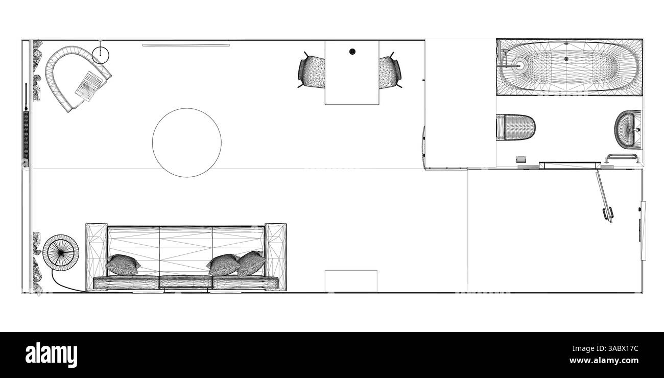 Un plan d'étage d'une pièce avec un canapé, des chaises et une table. La chambre est conçue pour être confortable et accueillante Illustration de Vecteur