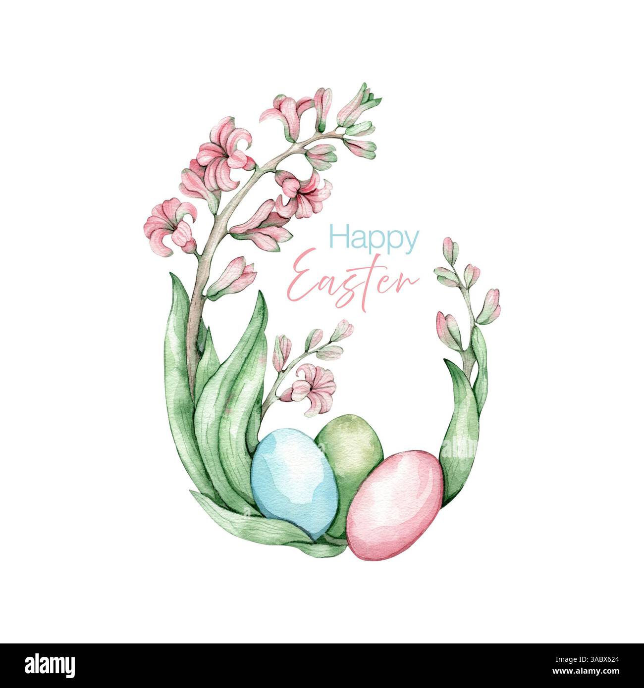 Illustration aquarelle avec jacinthe, œufs de Pâques et joyeuses Pâques Banque D'Images