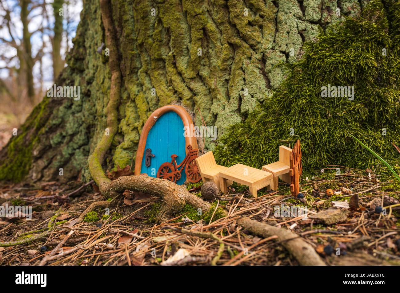 Porte de fée dans un arbre avec un coin salon devant elle Banque D'Images