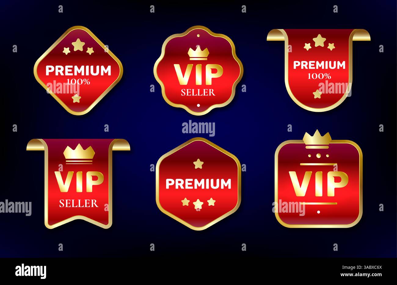 Étiquettes vip rouges avec cadre doré isolé sur fond bleu. Illustration réaliste vectorielle des emblèmes de garantie de qualité premium, losange, fleur, hexagone, prix de forme carrée, badge exclusif Illustration de Vecteur