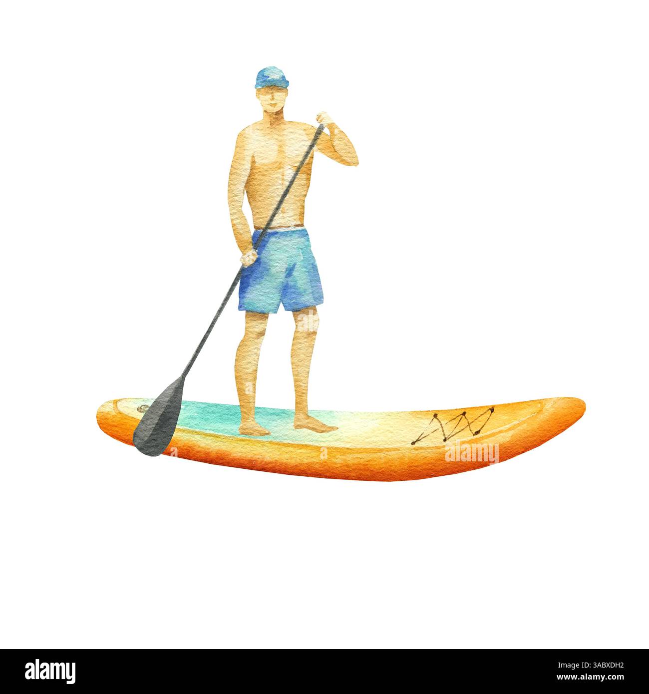Jeune homme nage sur un panneau SUP orange vif. Standup paddle boarder flottant dans l'eau de mer en vacances d'été, illustration isolée à l'aquarelle. Moderne Banque D'Images