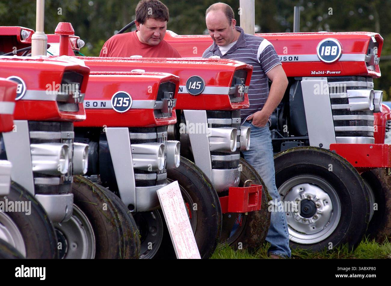 12 août 2007 - Moynalty, Kells, County Meath, Irlande - deux passionnés admirent certains des tracteurs Massey Ferguson exposés lors du festival annuel de battage à la vapeur de Moynalty. Présenté comme une célébration des jours passés, de la puissance du cheval et de la vapeur, voitures anciennes, tracteurs, machines tirées par des chevaux, moteurs à huile, stands de commerce, artisanat, foire funiculaire, sidehows, musique et danse. Country Living des années passées est présenté de manière unique et reconstitué dans une série de démonstrations et d'expositions. (Crédit image : © Barry Cronin/ZUMA Press) Banque D'Images