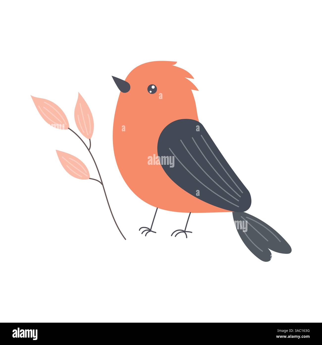 Oiseau orange stylisé avec des ailes noires audacieuses perchées sur une branche, avec des lignes modernes et confiantes pour des imprimés botaniques urbains ou un décor sur le thème de l'automne Illustration de Vecteur