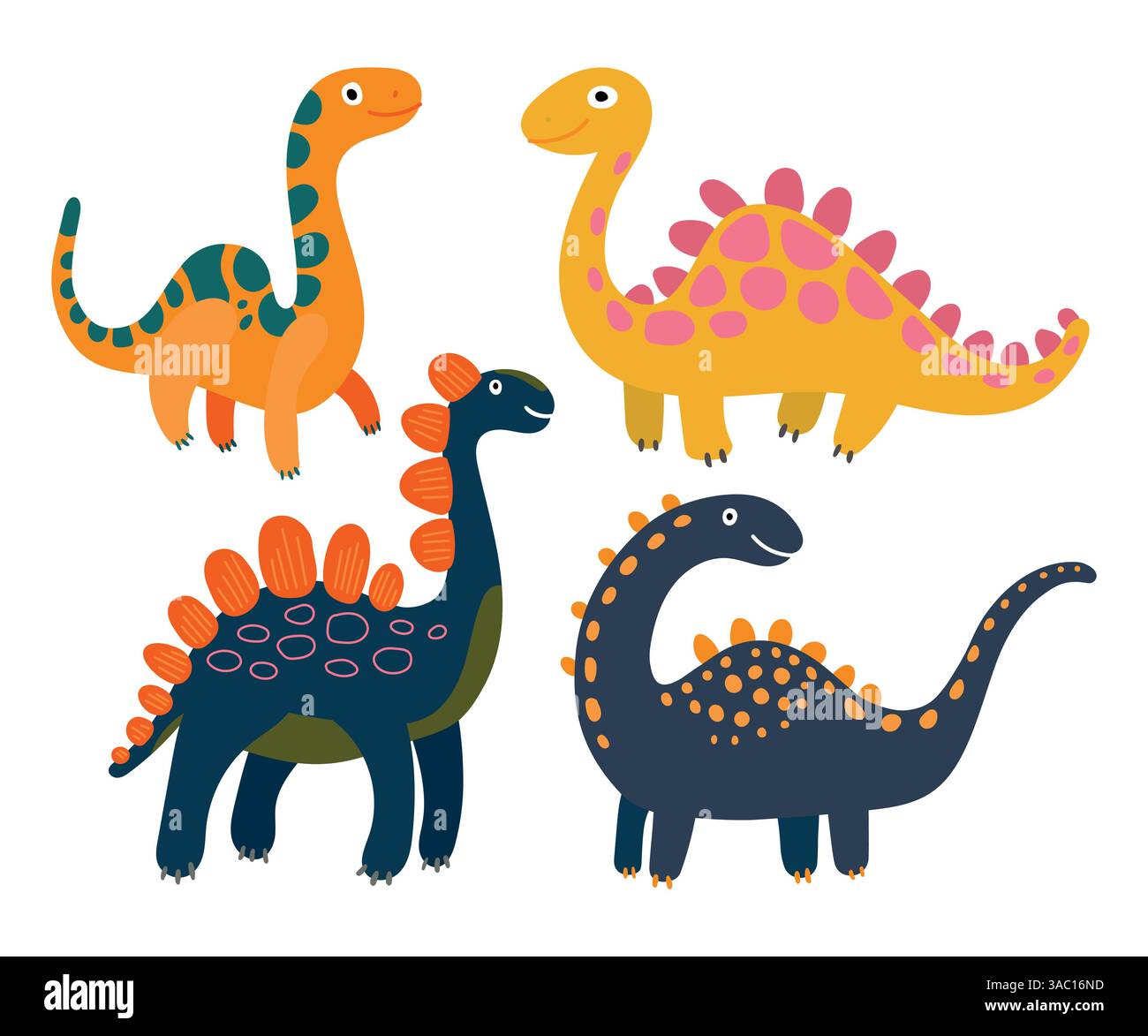 Dinosaures de dessins animés groupés dans des poses joyeuses aux teintes vives, parfaits pour les autocollants éducatifs, les affiches d'anniversaire et l'illustration préhistorique amusante Illustration de Vecteur