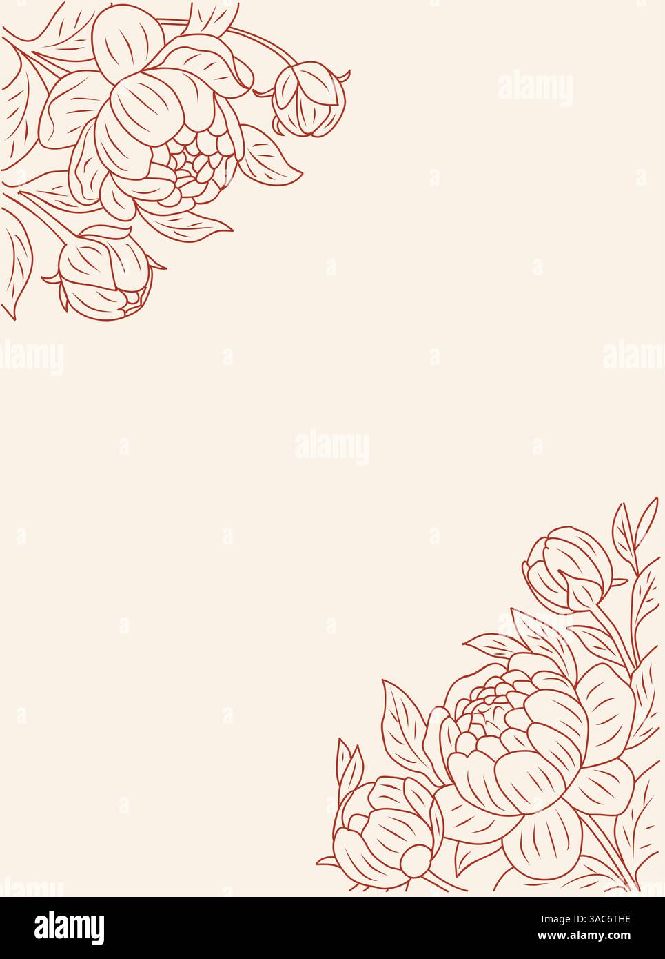 Modèle de carte, cadre avec des fleurs de pivoine d'art au trait Illustration de Vecteur