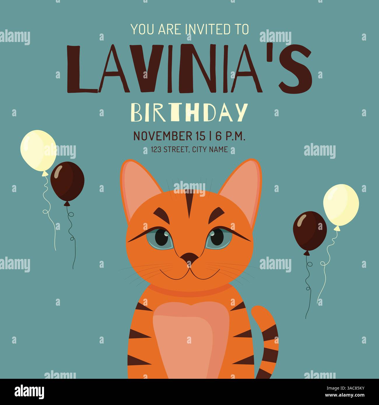 carte d'invitation de fête d'anniversaire avec illustration vectorielle de chat de gingembre. Illustration de Vecteur