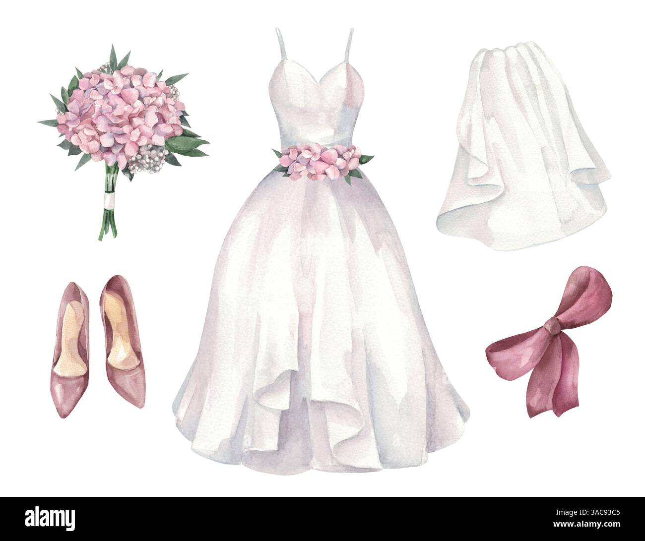 Ensemble d'illustrations aquarelles sur le thème du mariage. Robe blanche, voile et rubans de soie pour invitations et cartes Banque D'Images Ensemble d'illustrations aquarelles sur le thème du mariage. Robe blanche, voile et rubans de soie pour invitations et cartes Banque D'Images