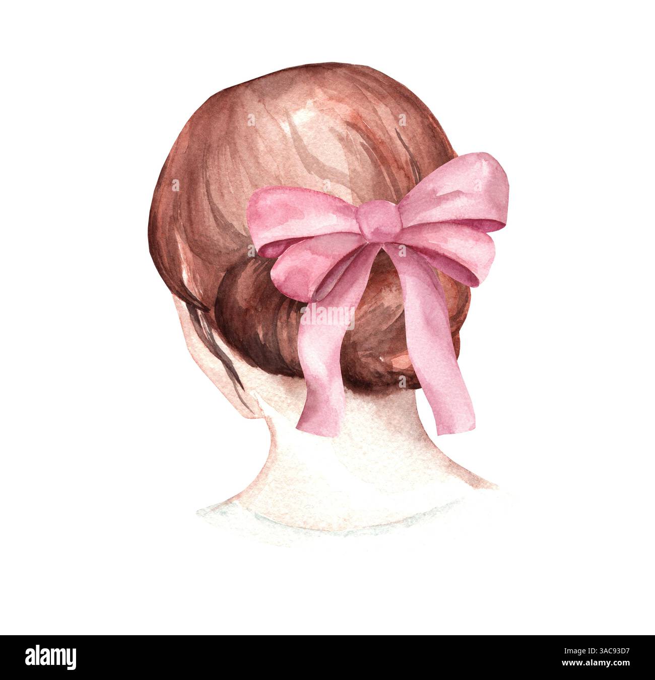 Illustration aquarelle de la coiffure féminine vue arrière. Chignon de cheveux attaché avec ruban rose avec noeud. Image vintage de mariage pour cartes et invitations Banque D'Images