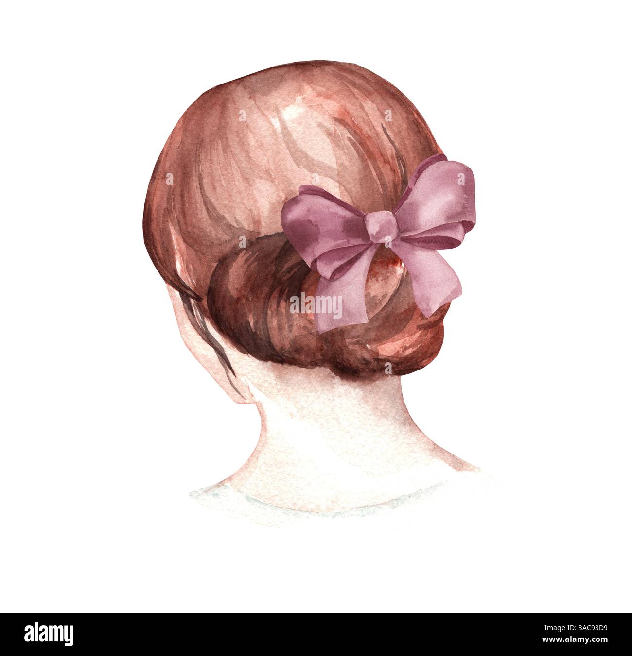 Illustration aquarelle de la coiffure féminine vue arrière. Chignon de cheveux attaché avec ruban violet avec noeud. Image vintage de mariage pour cartes et invitations Banque D'Images