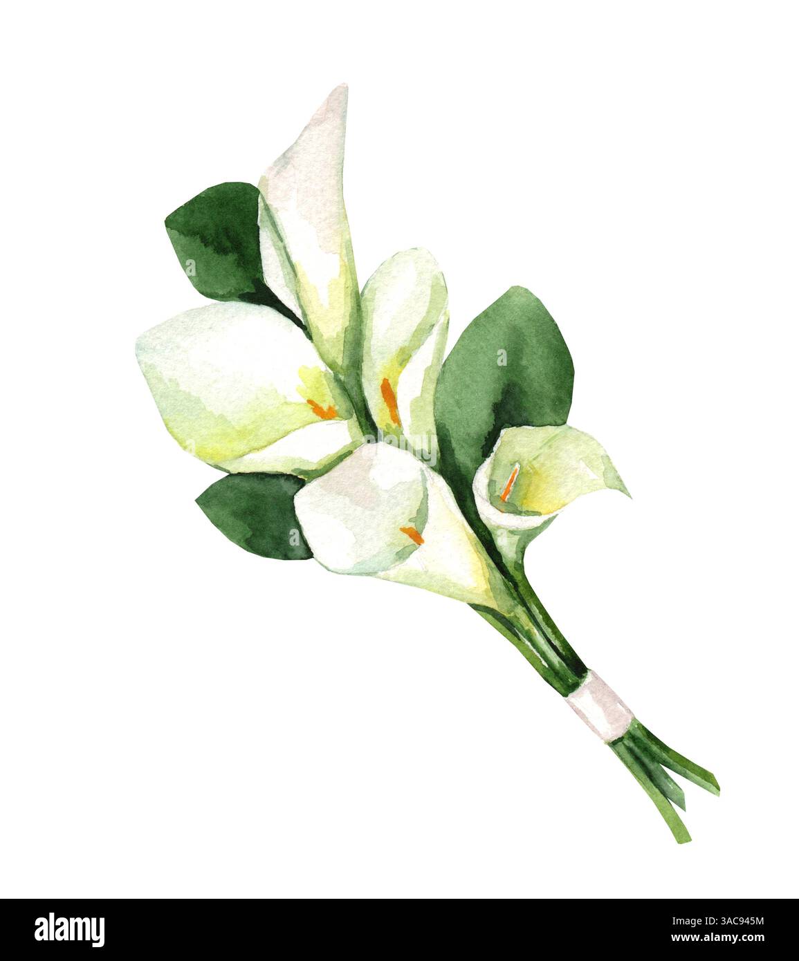 Bouquet de mariage aquarelle avec des lis calla et des feuilles vertes isolés sur fond blanc. Décoration moderne minimaliste pour invitations et cartes Banque D'Images