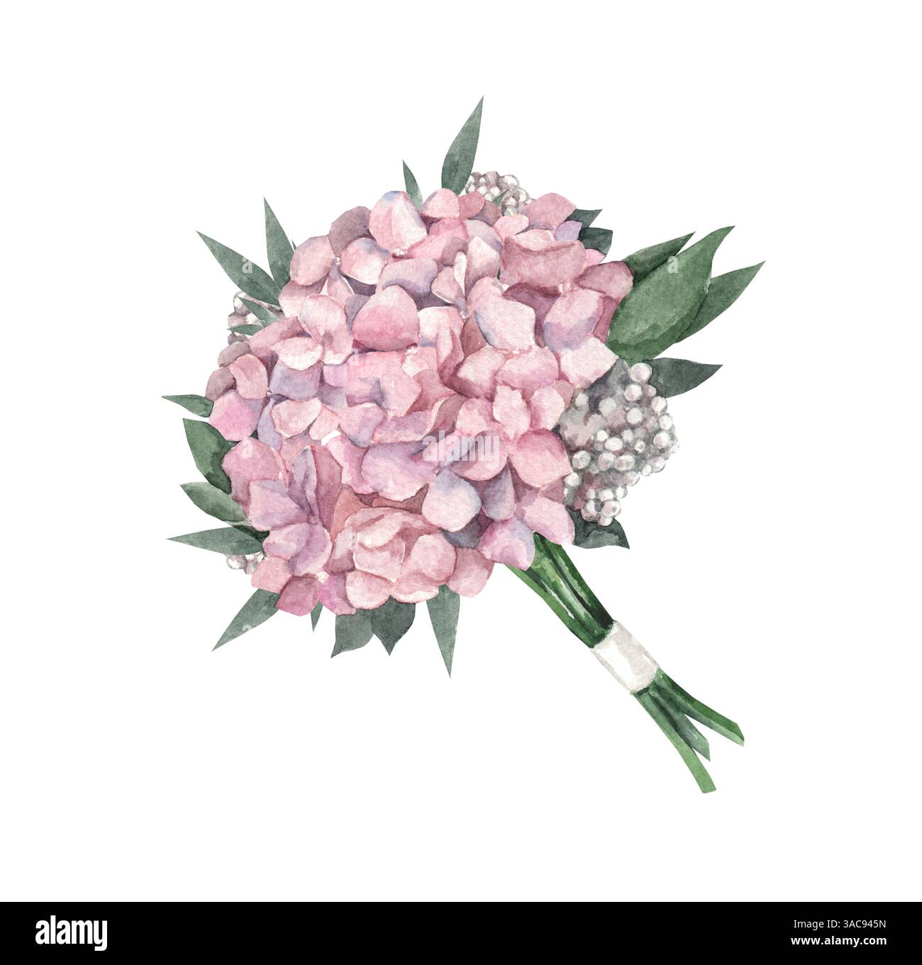 Bouquet de mariage aquarelle avec hortensias roses et feuilles vertes isolées sur fond blanc. Décoration moderne minimaliste pour invitations et cartes Banque D'Images