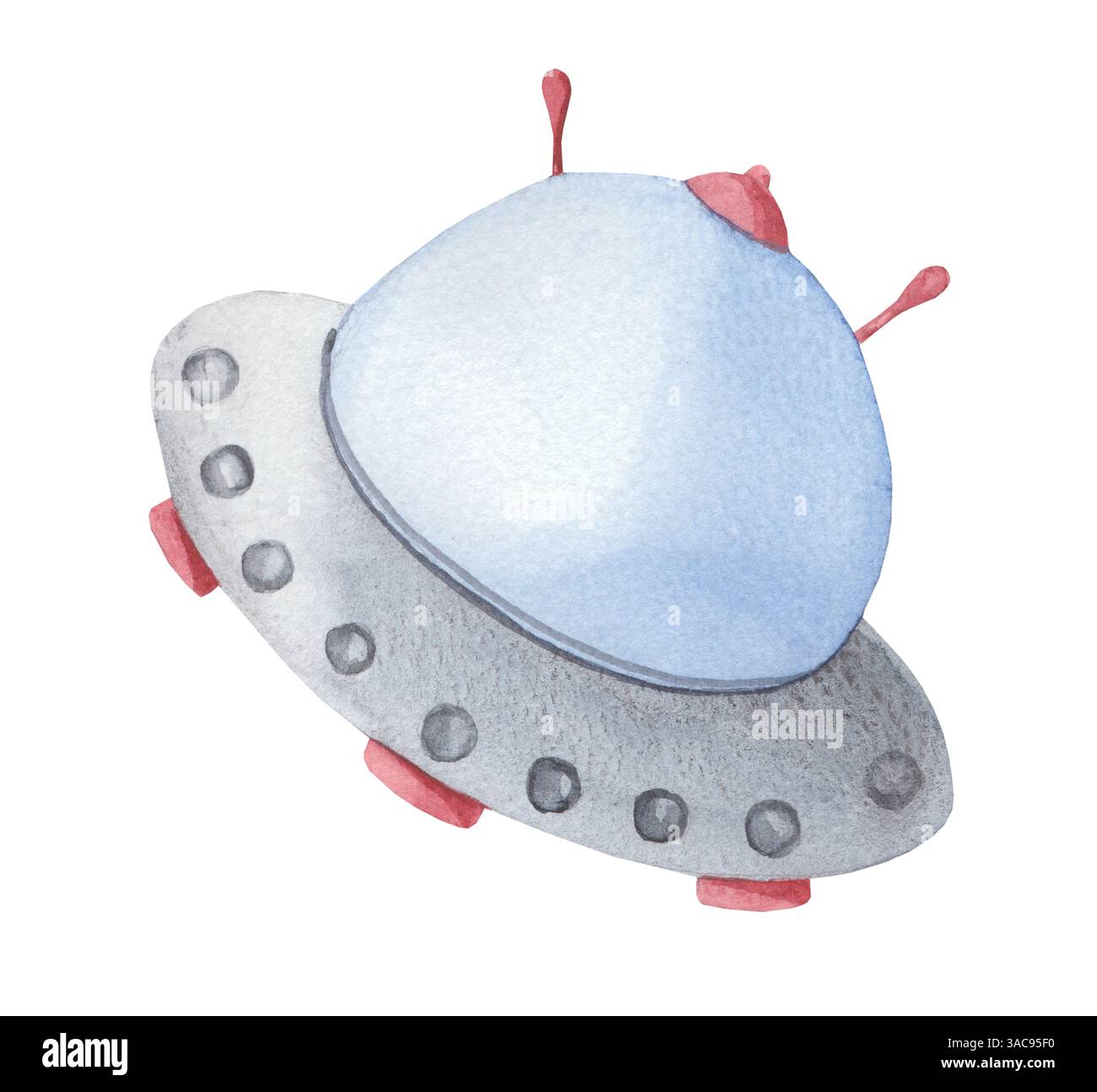 Navire OVNI peint à la main dans les tons gris et bleus isolé sur un fond blanc. Aquarelle illustration espace cosmique Banque D'Images