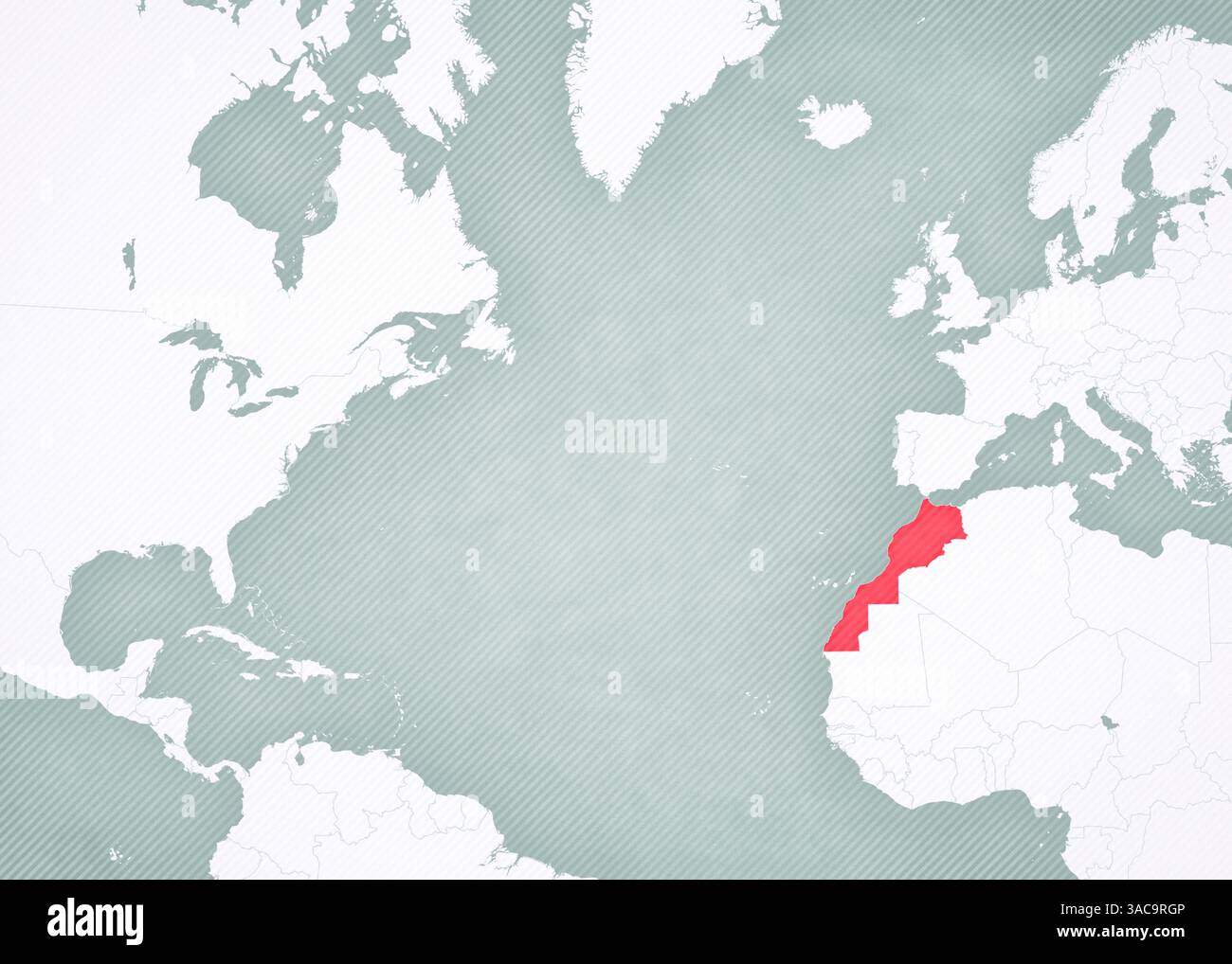 Maroc sur la carte de l'océan Atlantique Nord avec fond vintage légèrement rayé. Banque D'Images