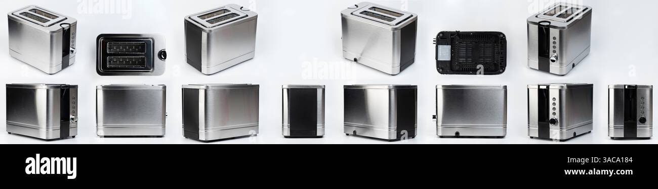 Différentes vues de grille-pain en métal isolé sur fond blanc de studio Banque D'Images Différentes vues de grille-pain en métal isolé sur fond blanc de studio Banque D'Images