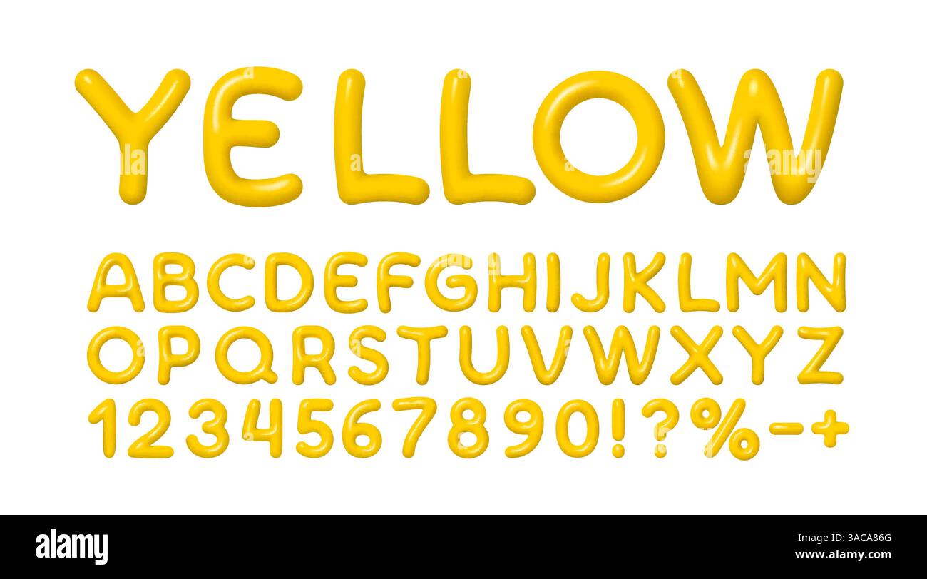 Police jaune, bonbons au pinceau. Alphabet anglais et signe de chiffres. Vecteur Illustration de Vecteur