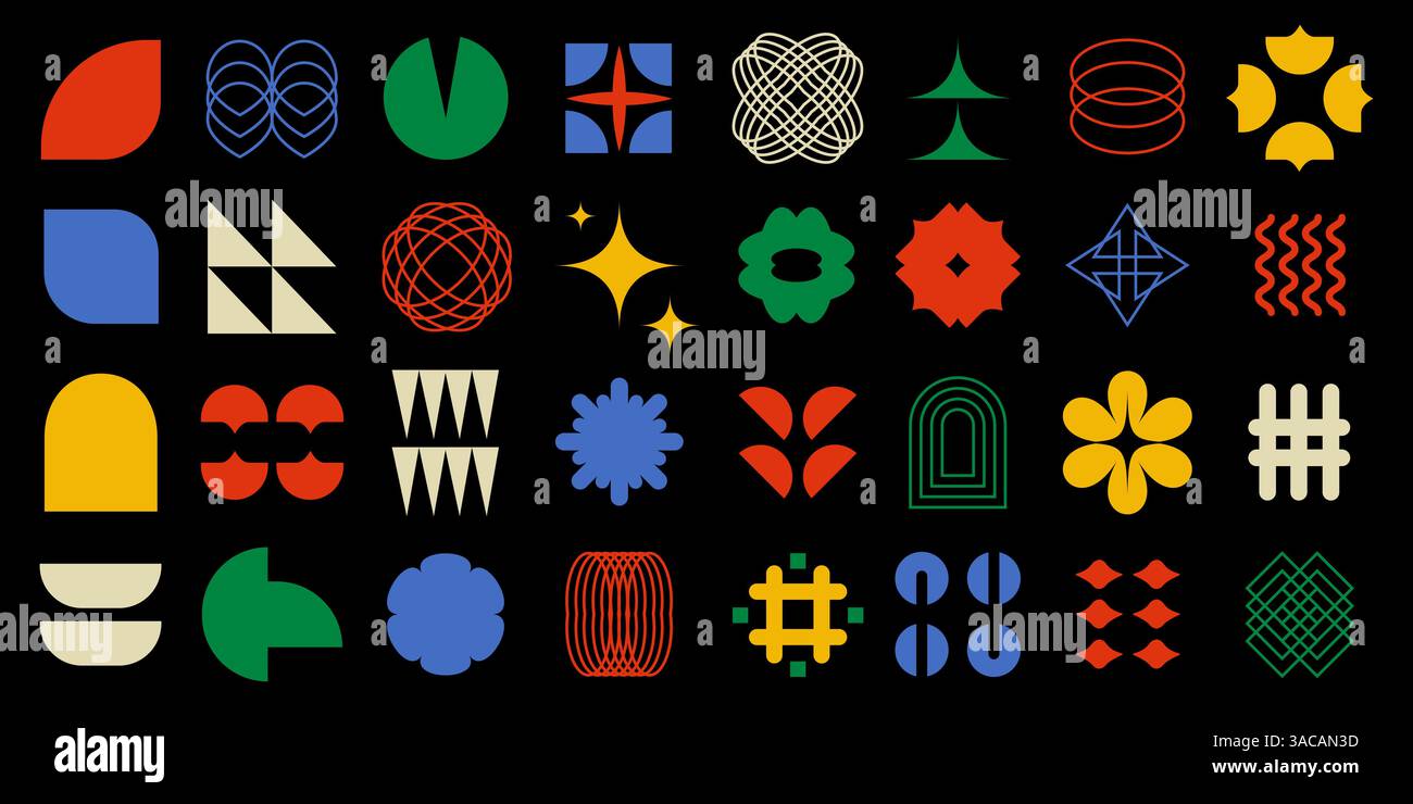 Ensemble de figurines groovy à la mode. Collection de formes géométriques brutalistes. Éléments de design rétro funky y2k. Ensemble géométrie contemporaine Bauhaus pour couverture, affiche Illustration de Vecteur