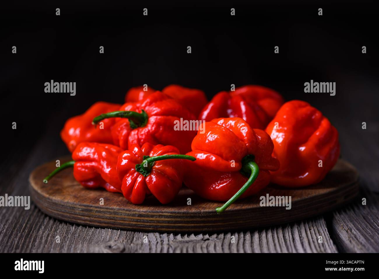 Planche à découper en bois avec tas de poivrons habanero rouges juteux (capsicum chinense) sur table rustique. Les poivrons mexicains très chauds se rapprochent Banque D'Images