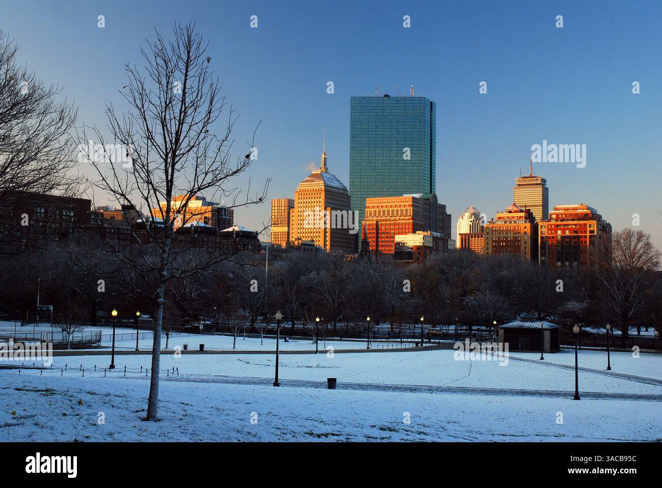 La neige recouvre le sol de Boston Common avec une vue sur la ligne d'horizon un jour d'hiver Banque D'Images La neige recouvre le sol de Boston Common avec une vue sur la ligne d'horizon un jour d'hiver Banque D'Images