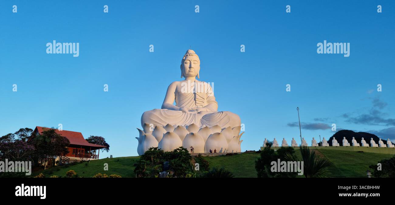 Alors que la dernière lumière du jour cède la place au crépuscule, une statue sereine et majestueuse de Bouddha blanc se dresse paisiblement au sommet d'une colline verdoyante. Banque D'Images