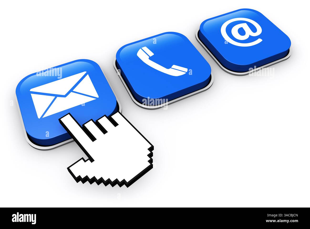 Site Web nous contacter boutons avec email, téléphone et à icône illustration 3D. Banque D'Images