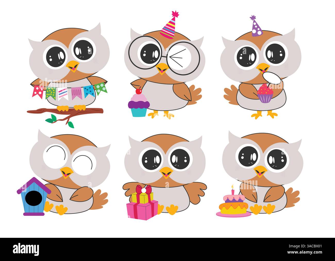 Ensemble de dessin clipart de personnage d'anniversaire hibou. Chouette chouette dans la collection d'art clip icône plate pour la célébration de fête de fête avec drapeau festif, cupcake, gâteau, Illustration de Vecteur