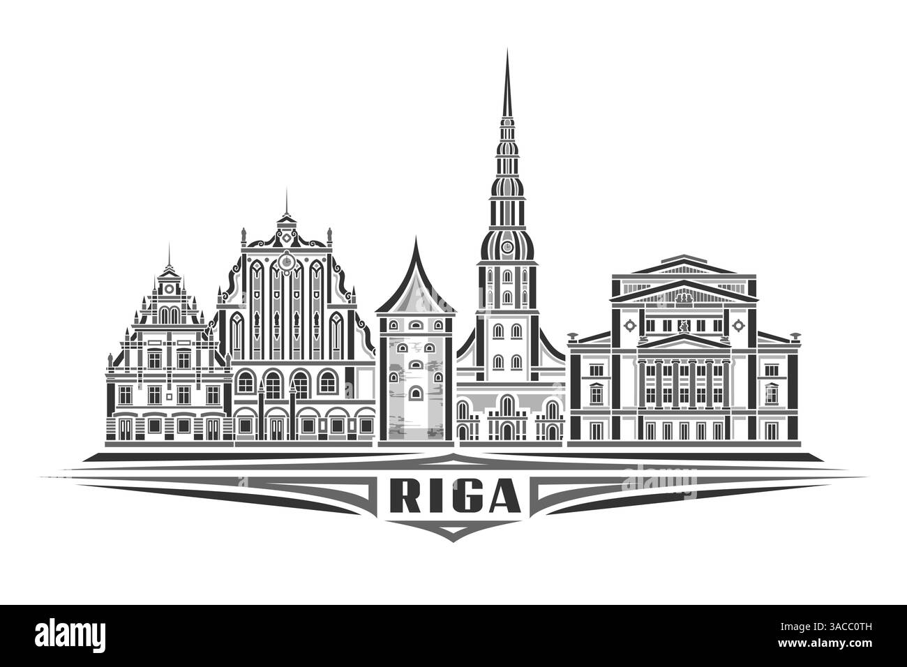 Illustration vectorielle de Riga, carte horizontale monochrome avec design linéaire célèbre paysage de ville de riga, concept historique urbain d'art de ligne avec l décoratif Illustration de Vecteur