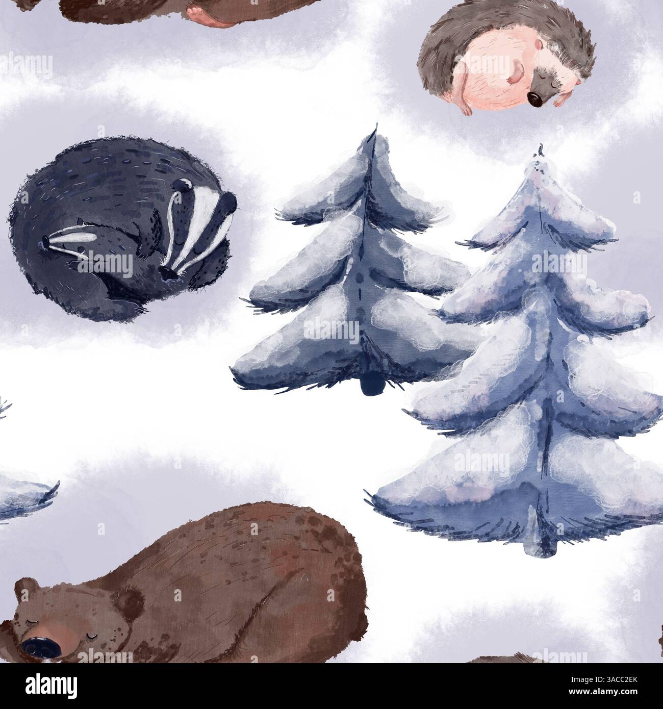 Motif sans couture dessiné à la main avec blaireaux dormants, hérissons et ours, arbres d'hiver. Les textures douces de l'aquarelle créent une sensation chaleureuse et féérique. Parfait Banque D'Images