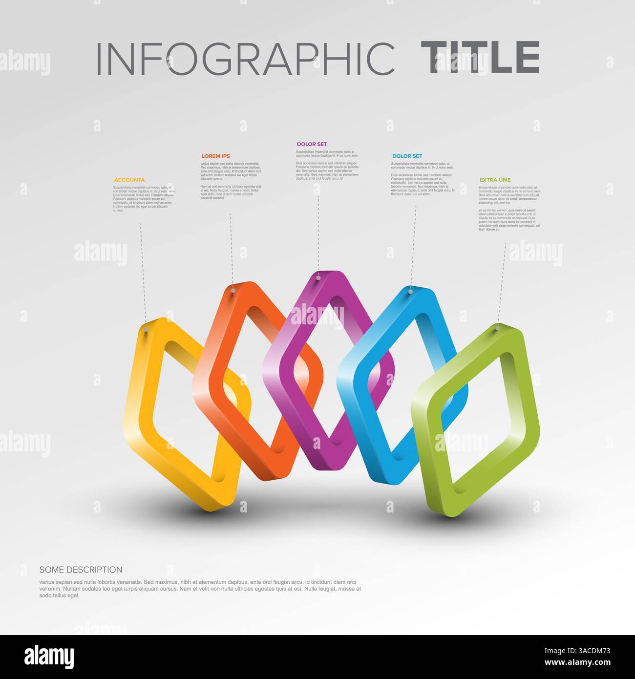 Infographie 3D présentant des formes de losanges colorés superposés avec des zones de texte d'information correspondantes. Le design vibrant est idéal pour présenter Illustration de Vecteur