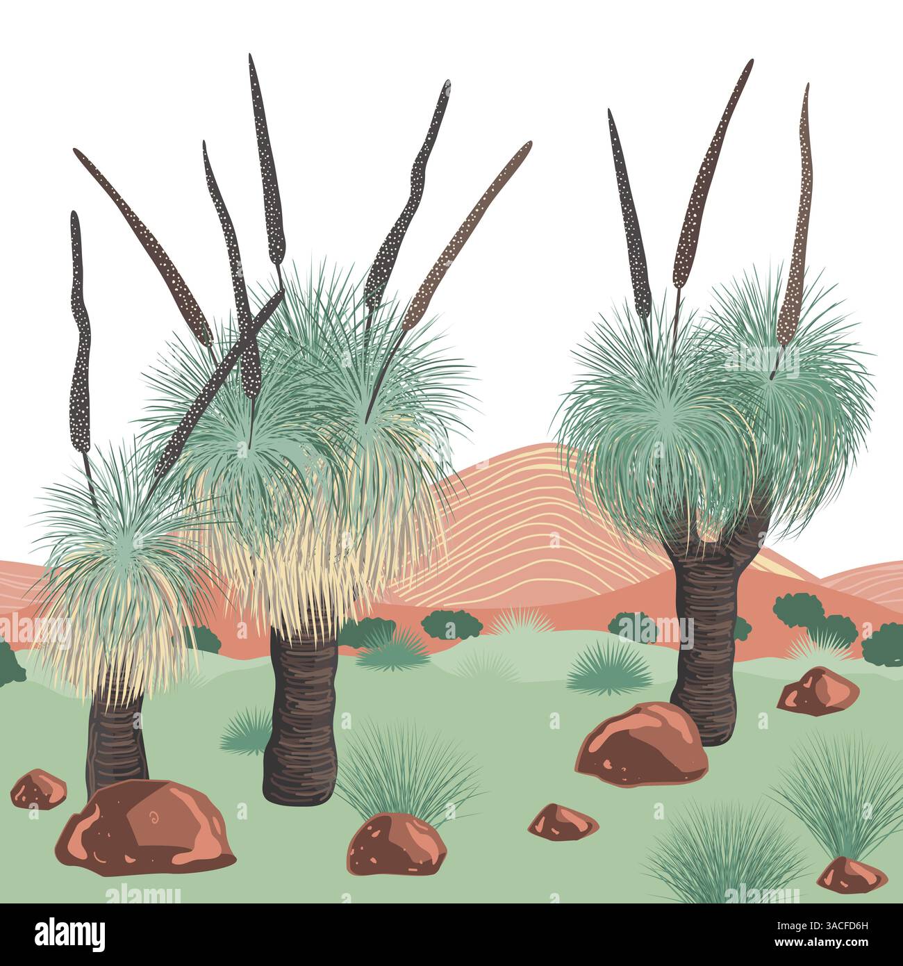 Arbres de Xanthorrhoea en fleurs et paysage de montagnes. Les arbres de graminées, flore endémique australienne indigène. Arrière-plan vectoriel. Illustration de Vecteur Arbres de Xanthorrhoea en fleurs et paysage de montagnes. Les arbres de graminées, flore endémique australienne indigène. Arrière-plan vectoriel. Illustration de Vecteur