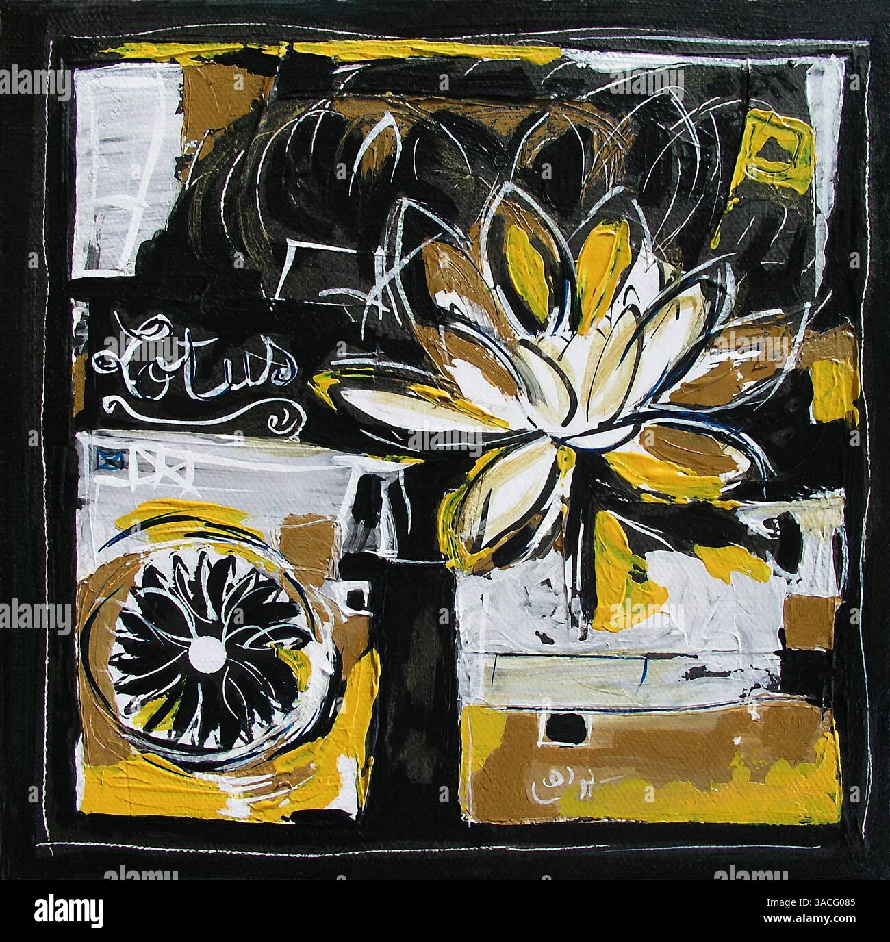 Lotus Flower peinture, Modern illustration collage, Noir Blanc et jaune couleurs harmonie Banque D'Images