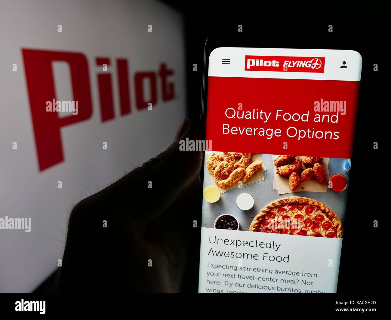 Allemagne. 6 mars 2025. Dans cette illustration photo, une personne tient une page Web avec le logo de la société américaine Pilot Travel Centers LLC (Pilot Flying J) sur l'écran devant le logo. (Crédit image : © timon Schneider/SOPA images via ZUMA Press Wire) USAGE ÉDITORIAL SEULEMENT ! Non destiné à UN USAGE commercial ! Banque D'Images