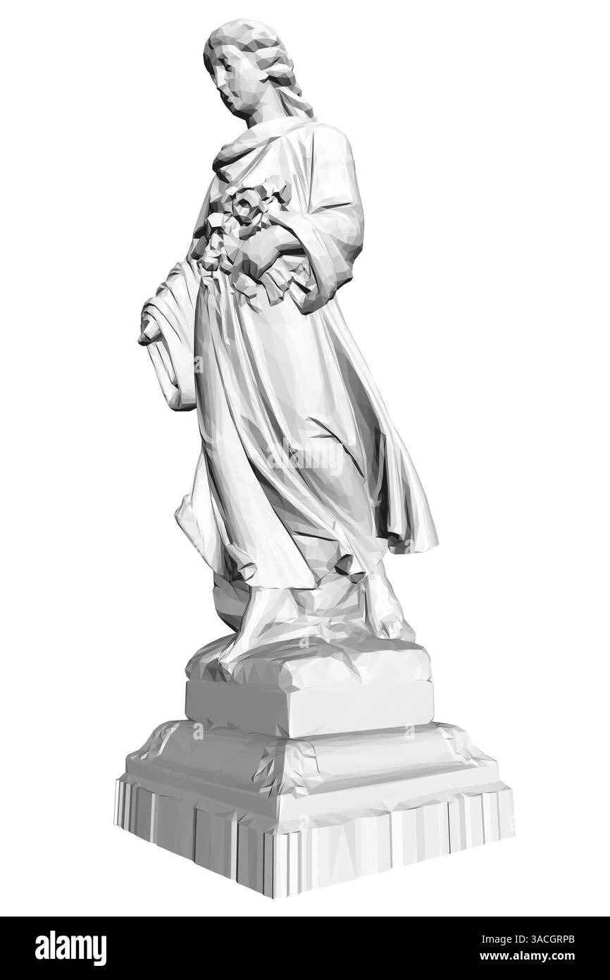 Statue d'une femme tenant des fleurs dans ses mains. La statue est blanche et a un aspect très élégant et serein. Les fleurs dans ses mains donnent le Illustration de Vecteur