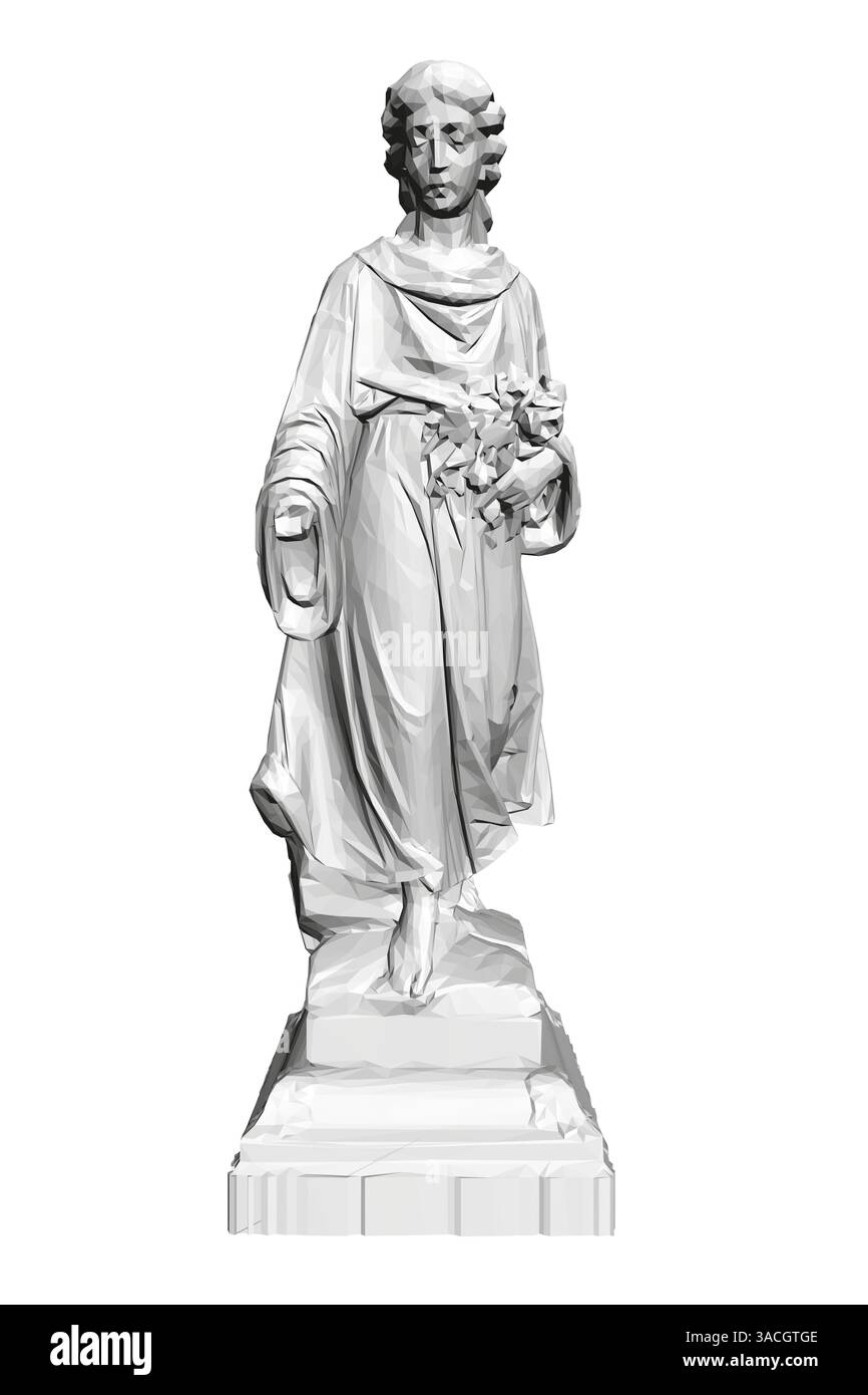 Statue d'une femme tenant des fleurs. La statue est blanche et se trouve sur un piédestal. La statue est celle d'une figure religieuse et est censée représenter un saint. Illustration de Vecteur